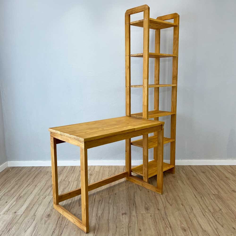 Home Office Escrivaninha e Estante de Madeira Pinus Linea Slim Nozes