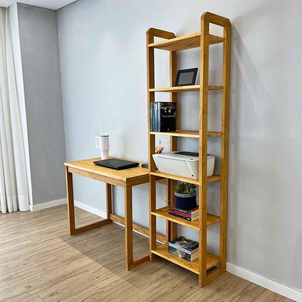 Home Office Escrivaninha e Estante de Madeira Pinus Linea Slim Nozes