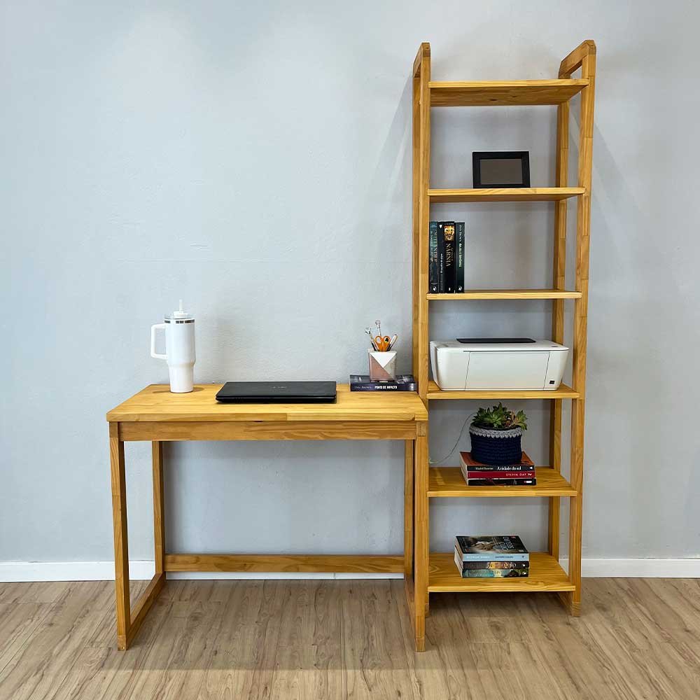 Home Office Escrivaninha e Estante de Madeira Pinus Linea Slim Nozes