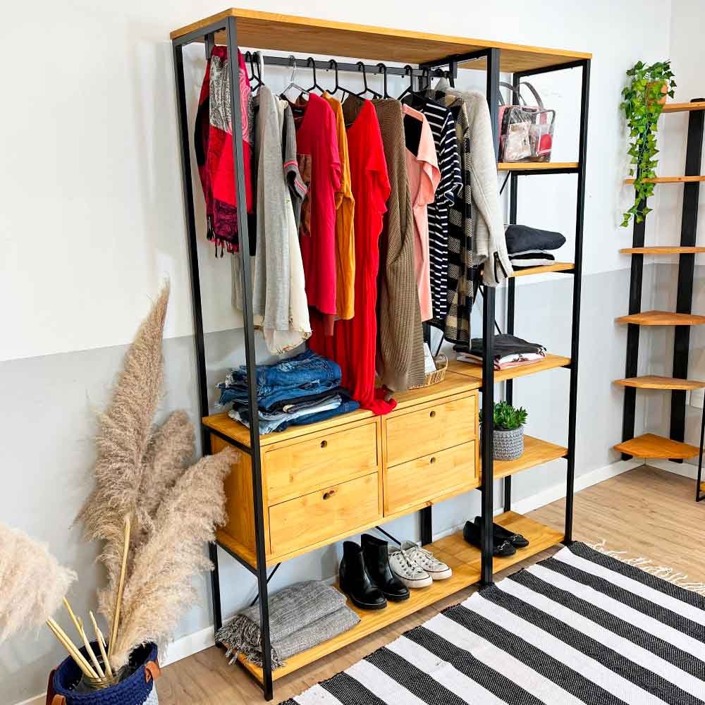 Kit Arara de Roupas High Ample com 2 Gaveteiros e Estante Style Slim Industrial Nozes e Preto