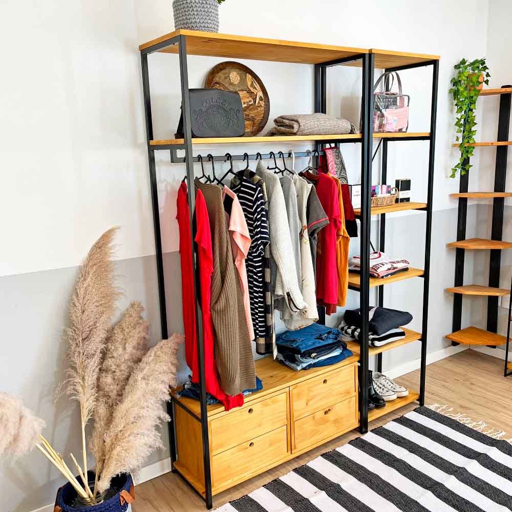 Kit Arara de Roupas Middle Ample com 2 Gaveteiros e Estante Style Slim Industrial Nozes e Preto