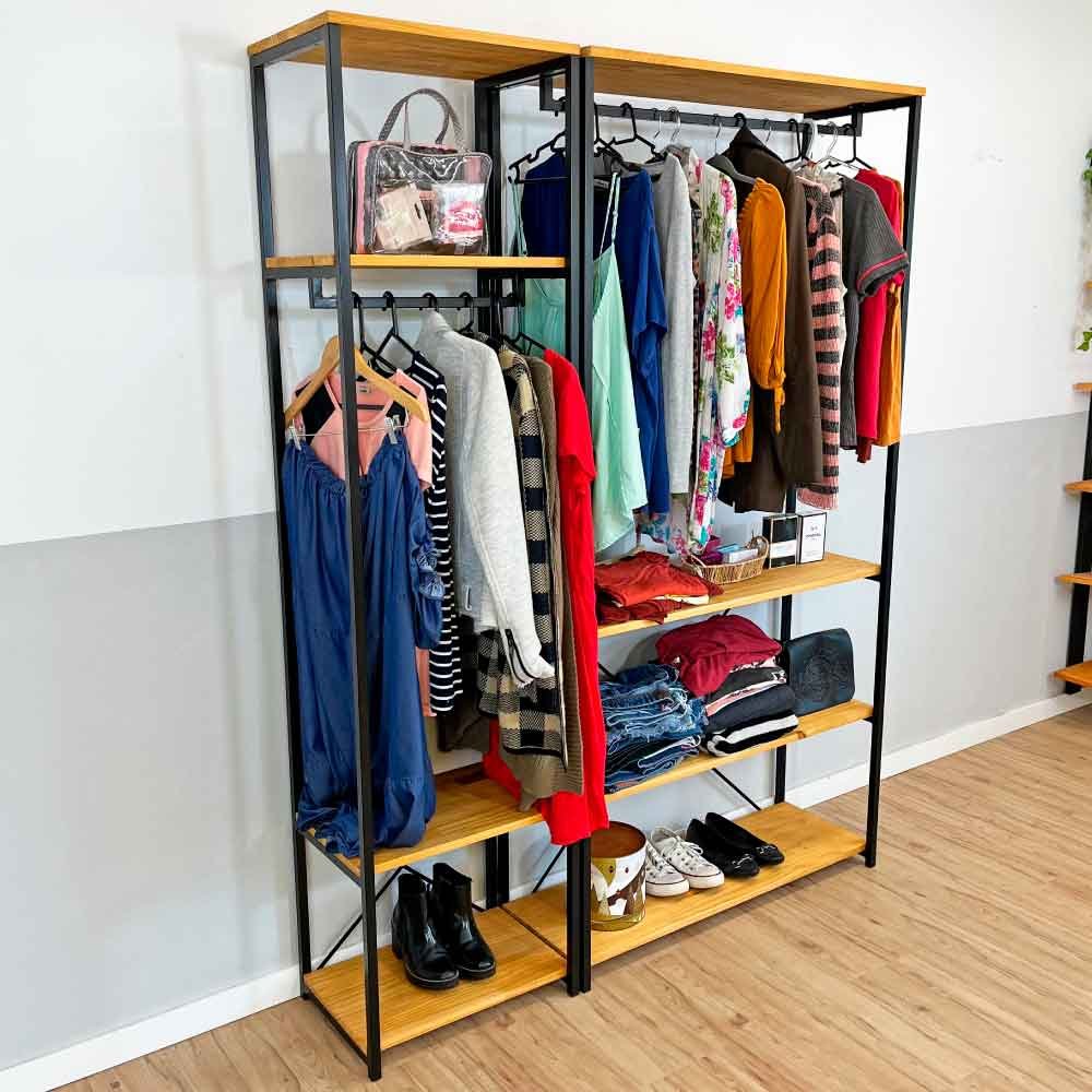 Kit Arara de Roupas Middle Slim e High Ample Style Industrial Nozes e Preto