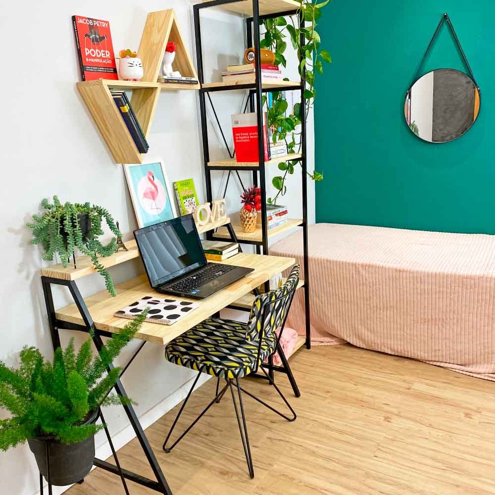 Kit Mesa para Escritório Stair 100cm e Estante Style Slim 6 Prateleiras Industrial Natural e Preto