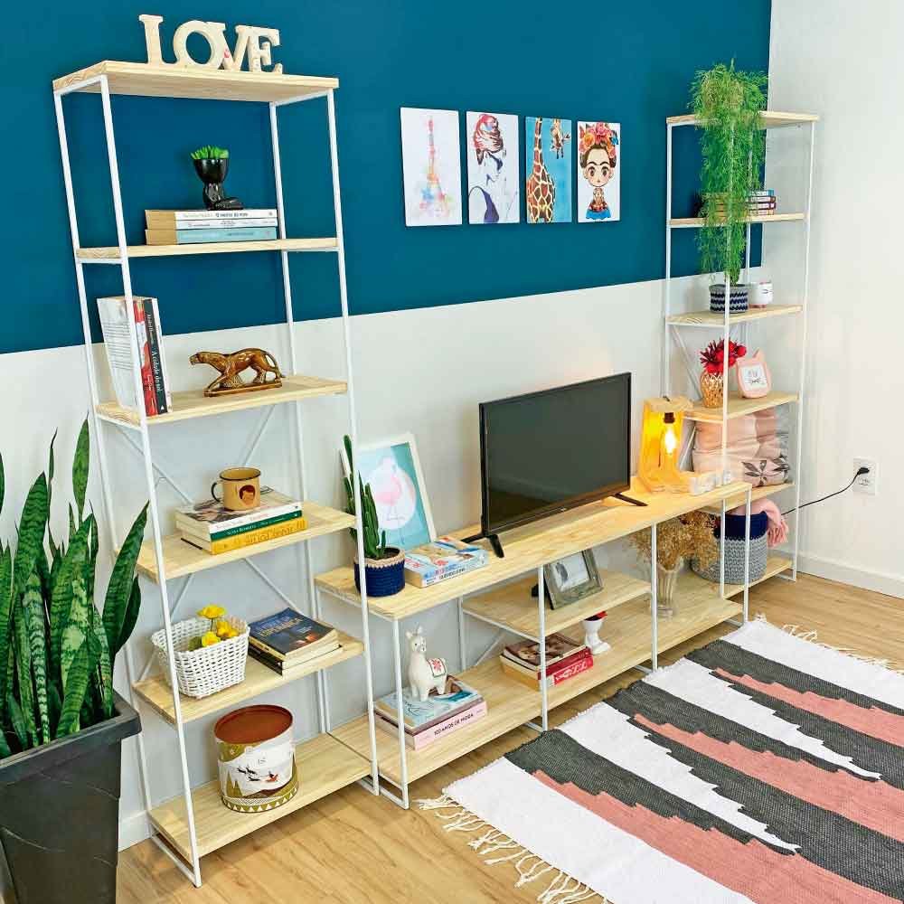 Kit Sala de TV de Ferro e Madeira Industrial Grande e Duas Estantes Torre Slim Natural e Branco