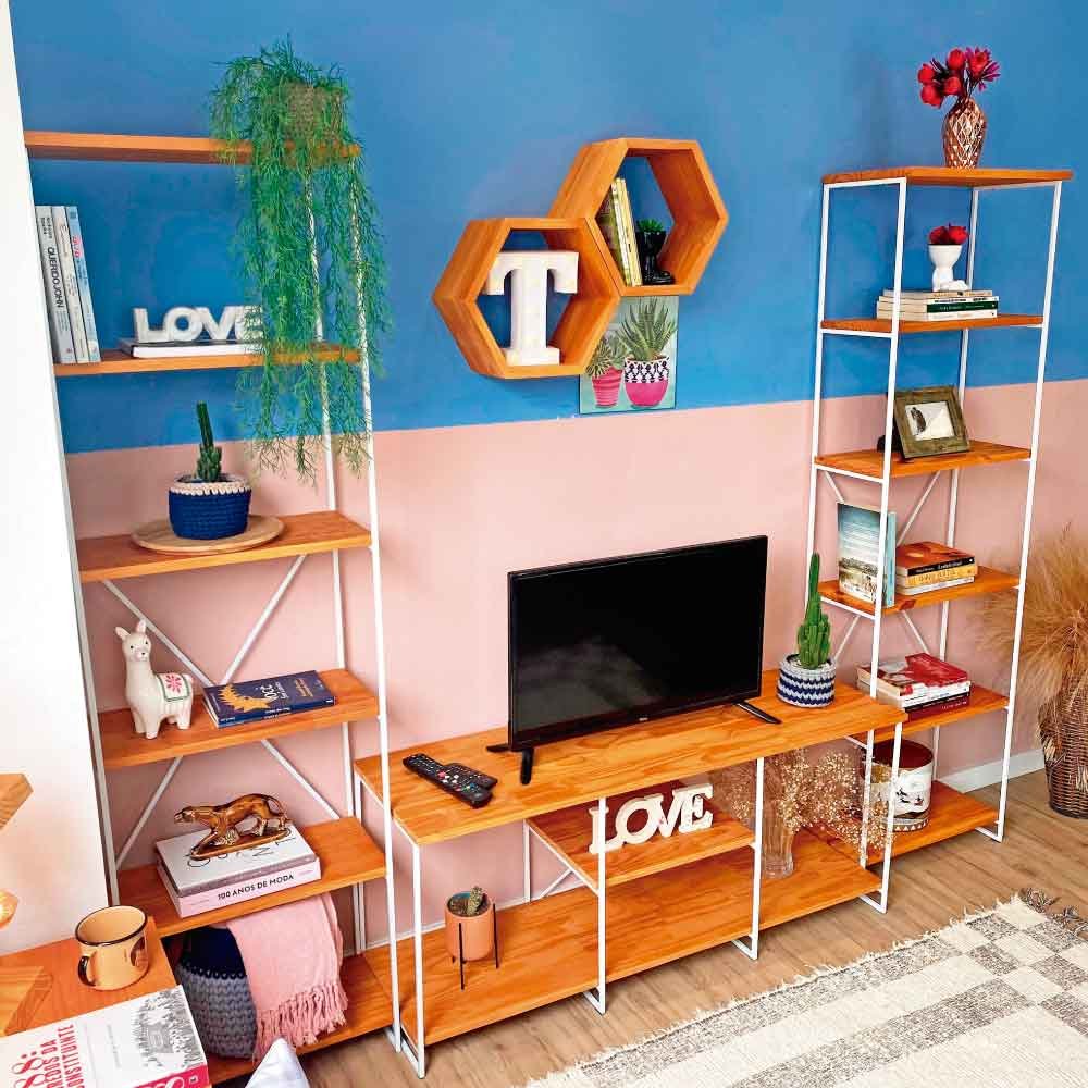 Kit Sala de TV de Ferro e Madeira Industrial Pequeno e Duas Estantes Torre Slim Carvalho e Branco