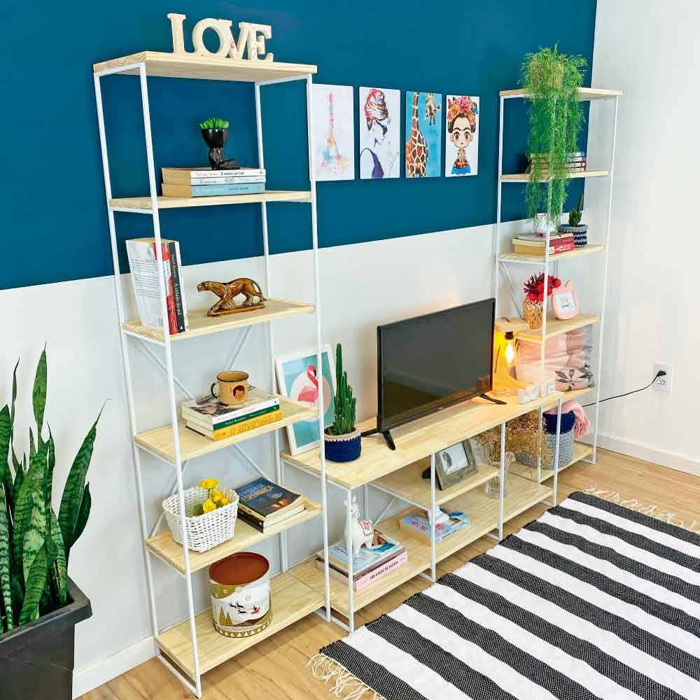 Kit Sala de TV de Ferro e Madeira Industrial Pequeno e Duas Estantes Torre Slim Natural e Branco