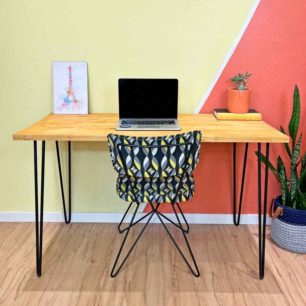 Mesa Escritório de Ferro e Madeira 120cm Hairpin Industrial Nozes e Preto