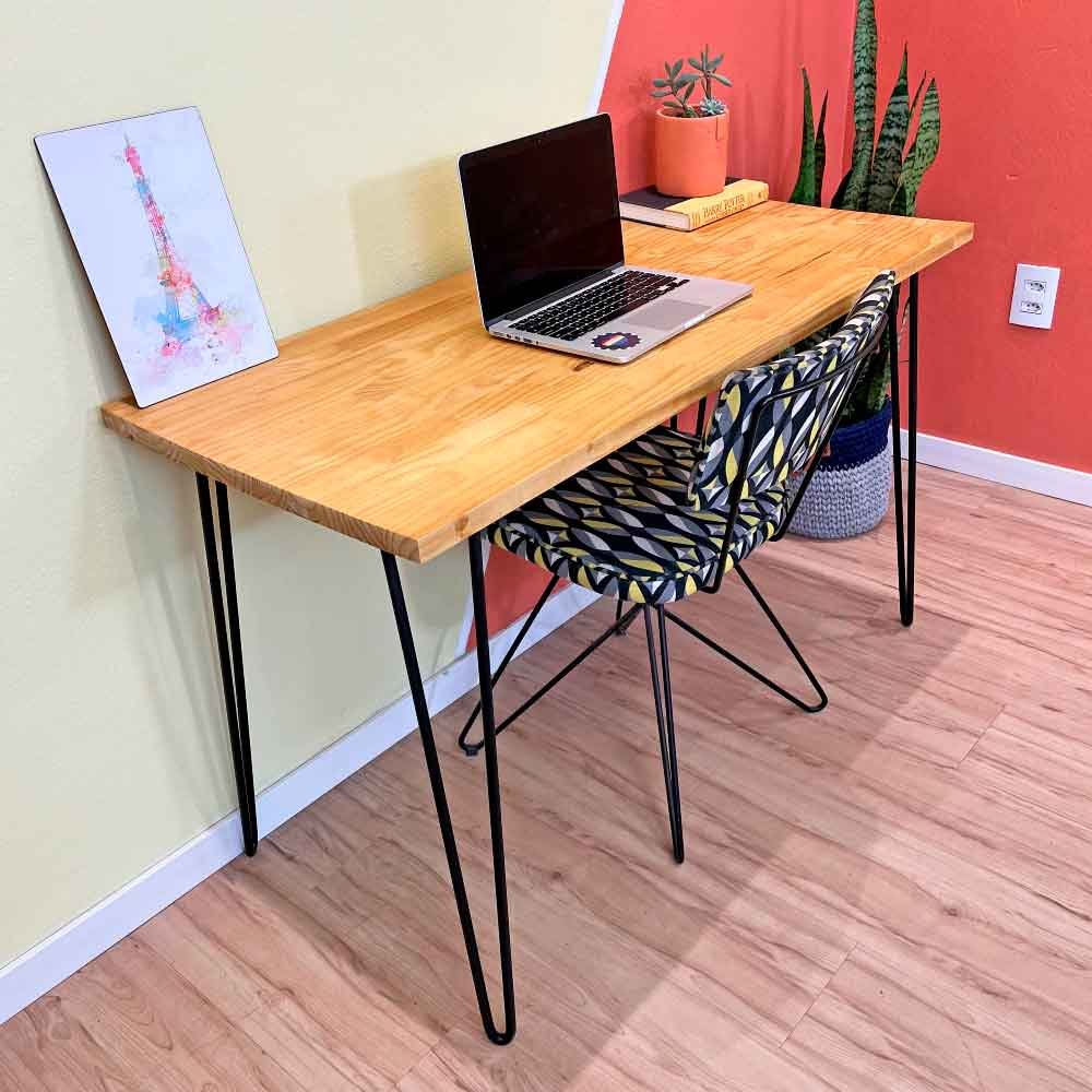 Mesa Escritório de Ferro e Madeira 120cm Hairpin Industrial Nozes e Preto