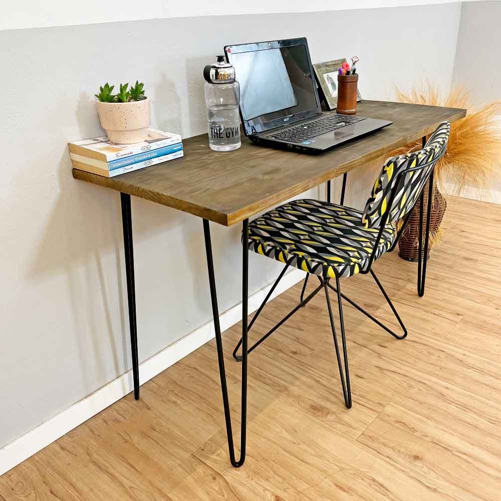 Mesa Escritório de Ferro e Madeira 120cm Hairpin Industrial Tabaco e Preto