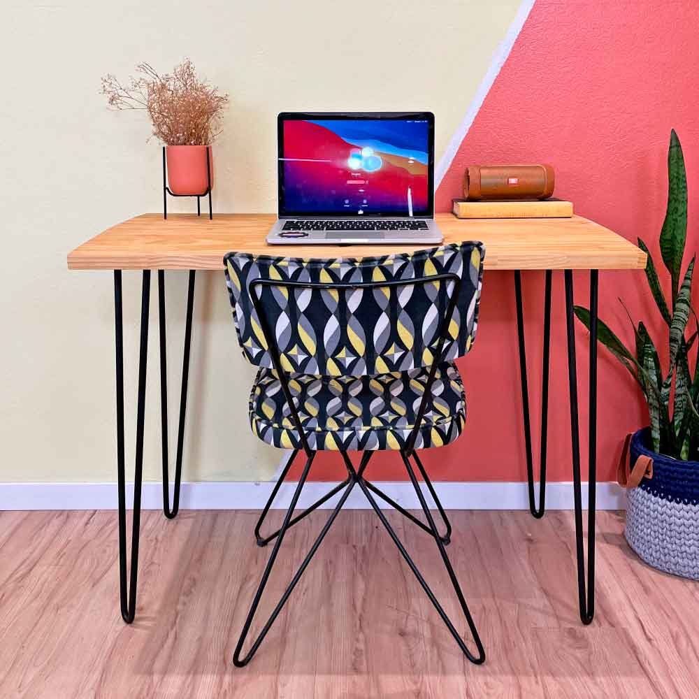 Mesa Escritório de Ferro e Madeira 96cm Hairpin Industrial Nozes e Preto