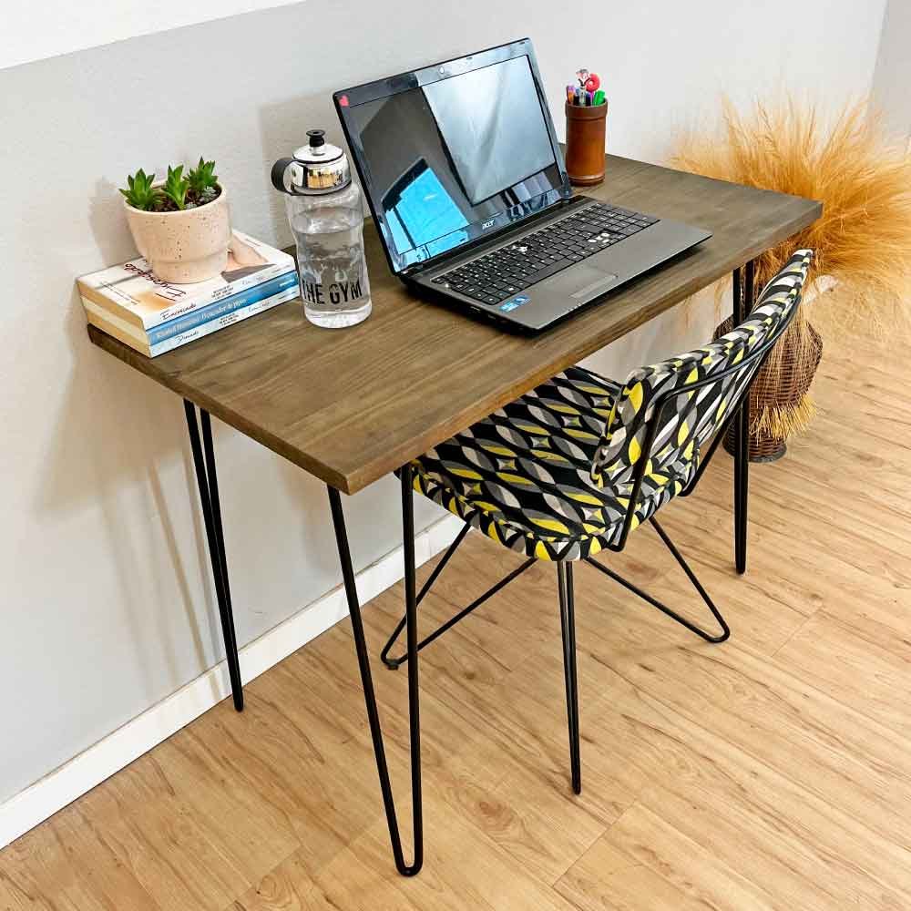Mesa Escritório de Ferro e Madeira 96cm Hairpin Industrial Tabaco e Preto