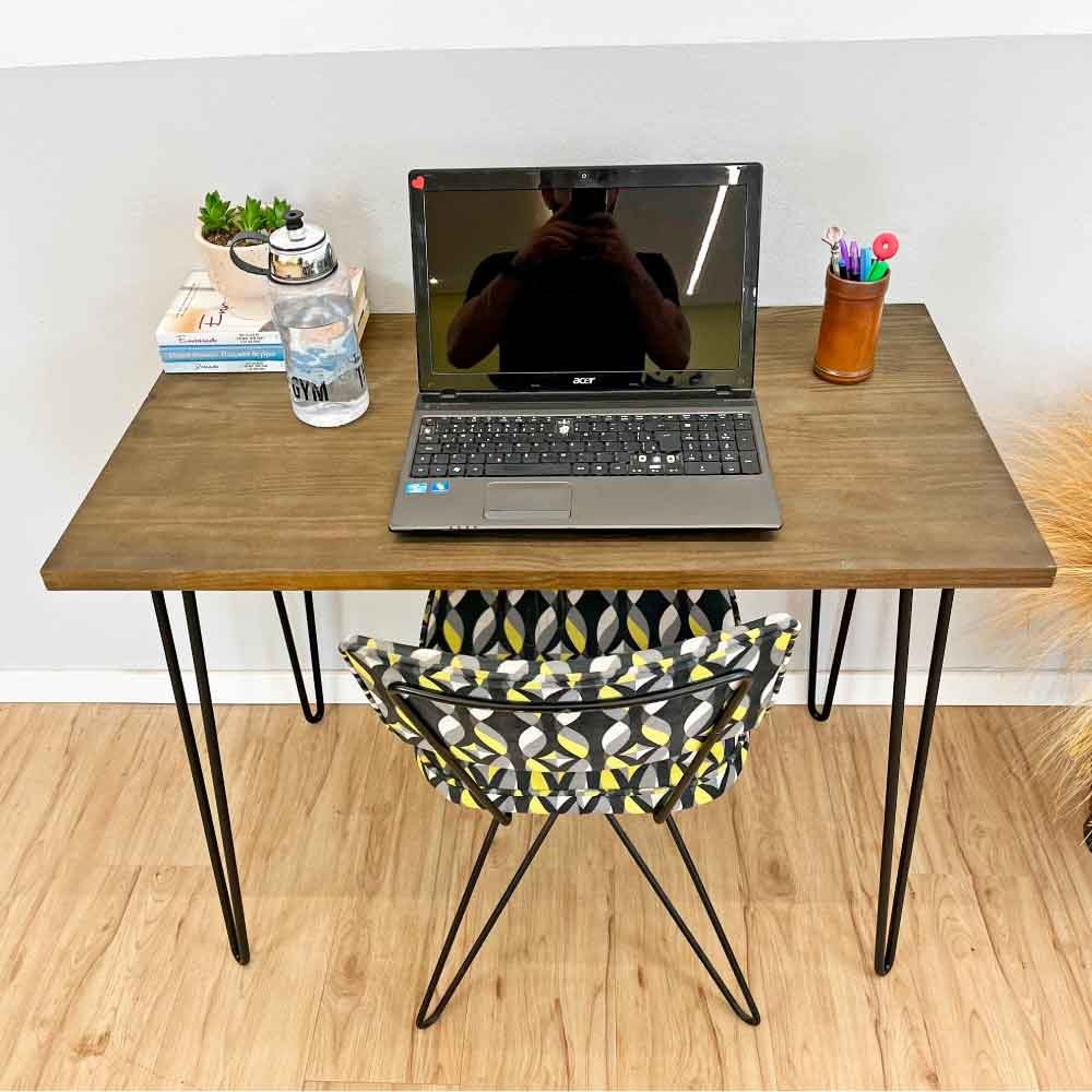 Mesa Escritório de Ferro e Madeira 96cm Hairpin Industrial Tabaco e Preto