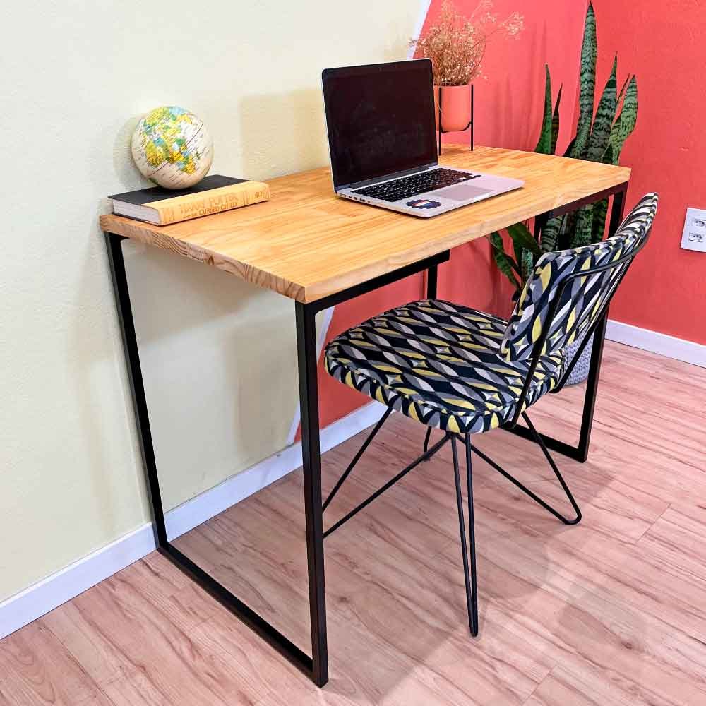 Mesa Escritório de Ferro e Madeira 96cm Style Industrial Nozes e Preto