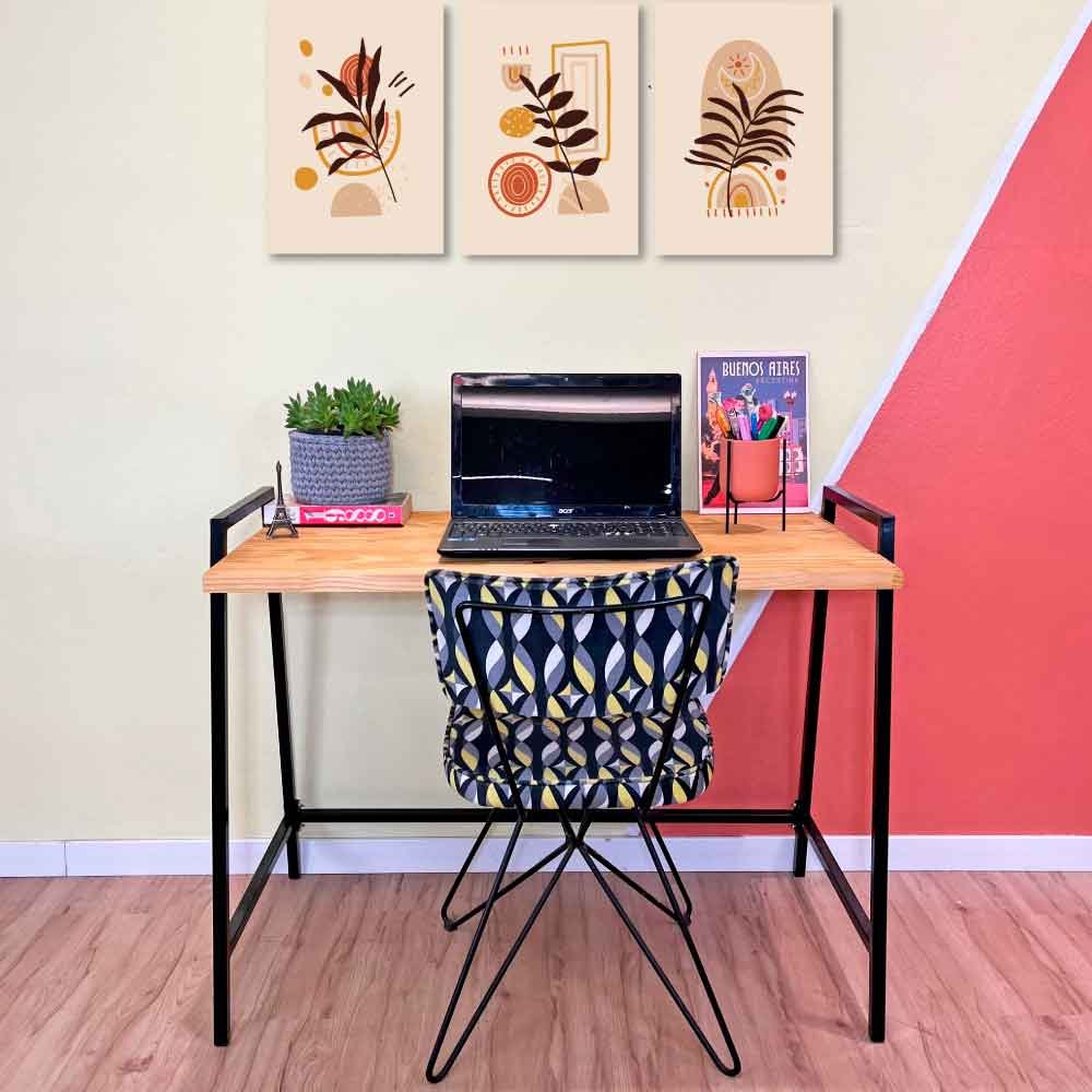 Mesa Escritório de Ferro e Madeira Industrial Steel 100cm Nozes e Preto