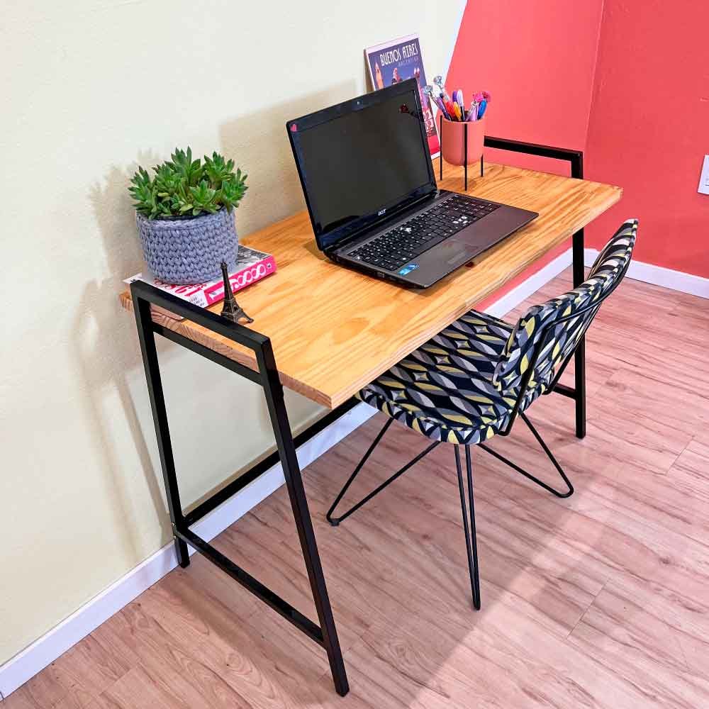 Mesa Escritório de Ferro e Madeira Industrial Steel 100cm Nozes e Preto