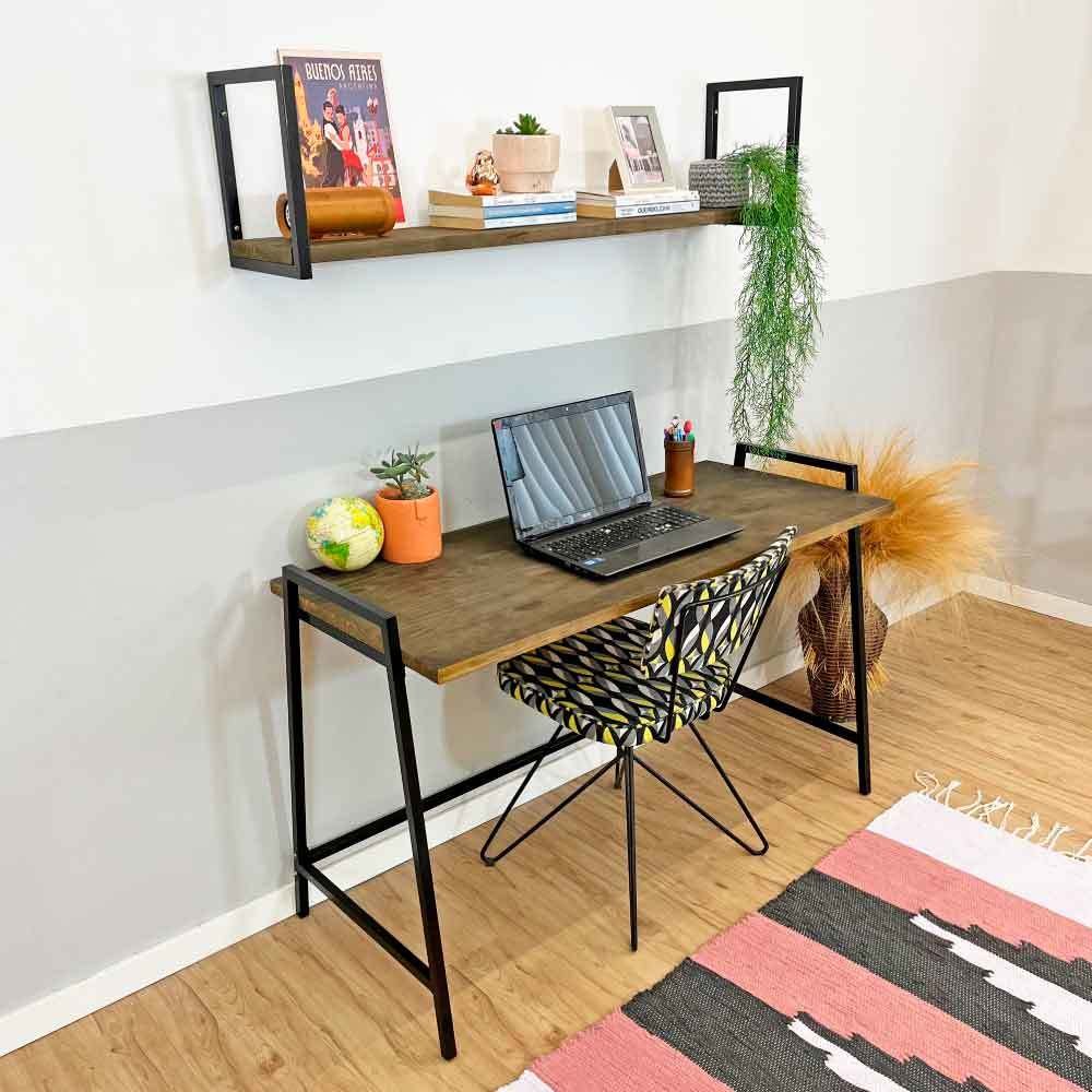 Mesa Escritório de Ferro e Madeira Industrial Steel 124cm Tabaco e Preto