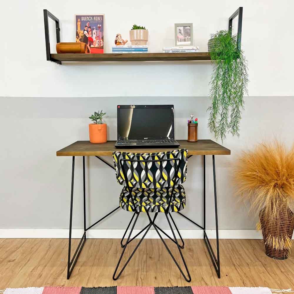 Mesa Escritório de Ferro e Madeira Industrial Tabaco e Preto