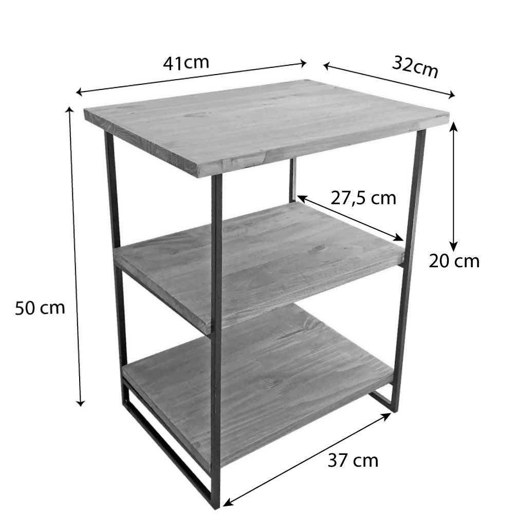 Mesa Lateral 3 Prateleiras de Ferro e Madeira Industrial Carvalho e Branco