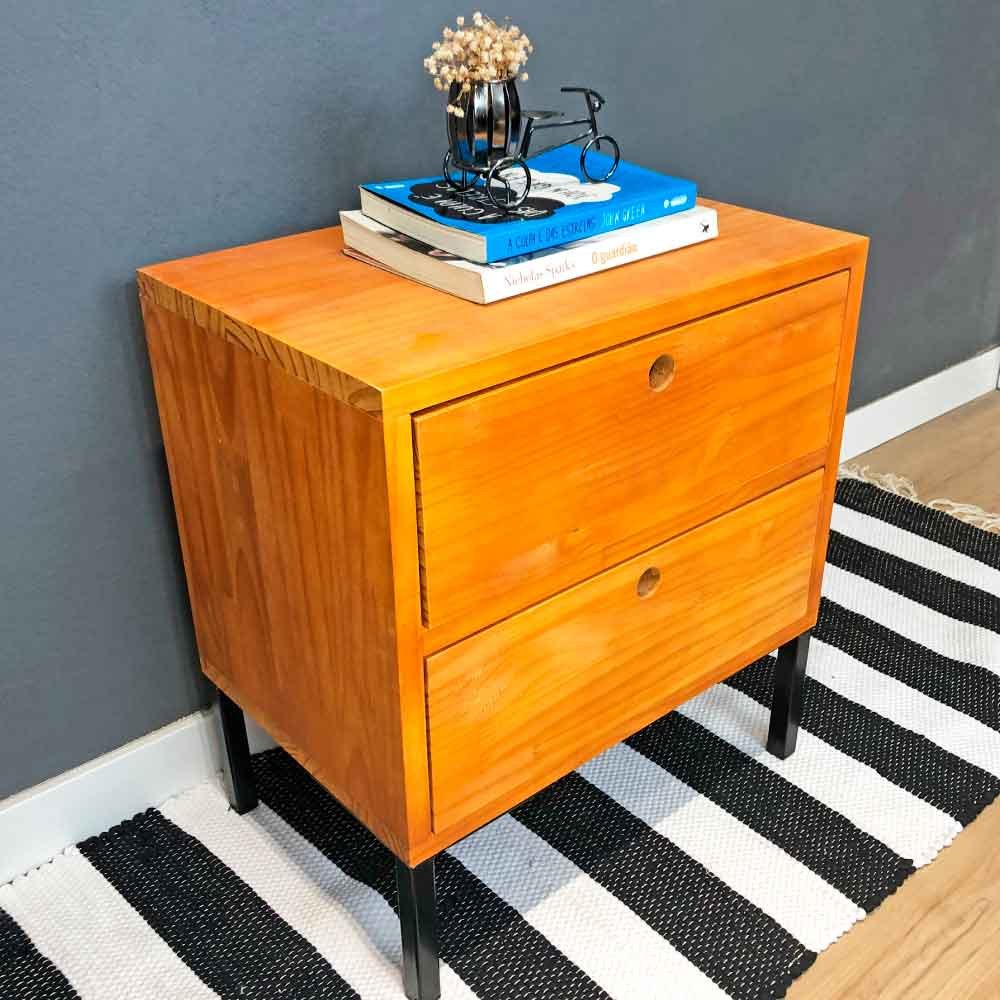 Mesa Lateral Gaveteiro com pé Style de Ferro e Madeira Carvalho e Preto