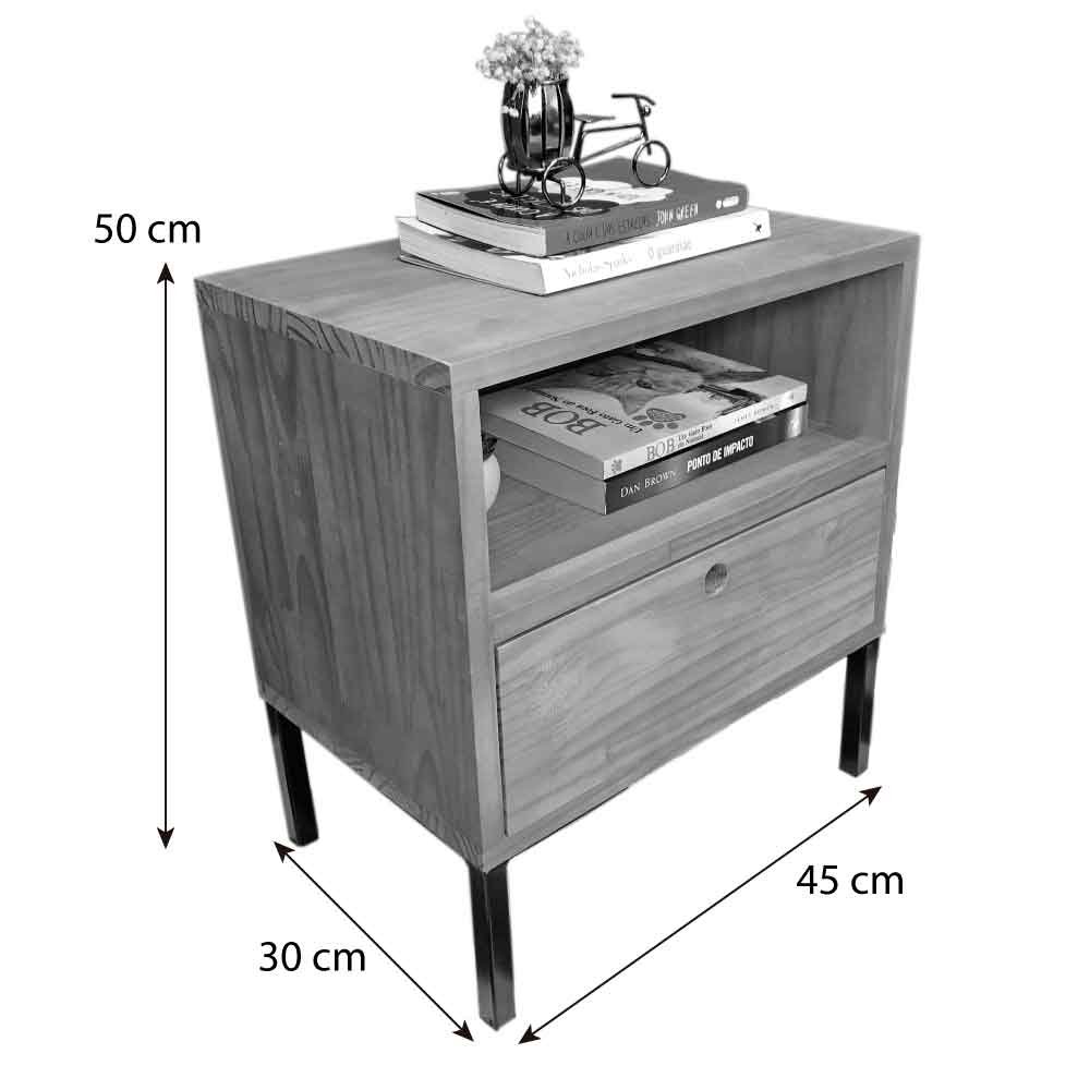 Mesa Lateral Prateleira e Gaveta com pé Style de Ferro e Madeira Industrial Carvalho e Preto