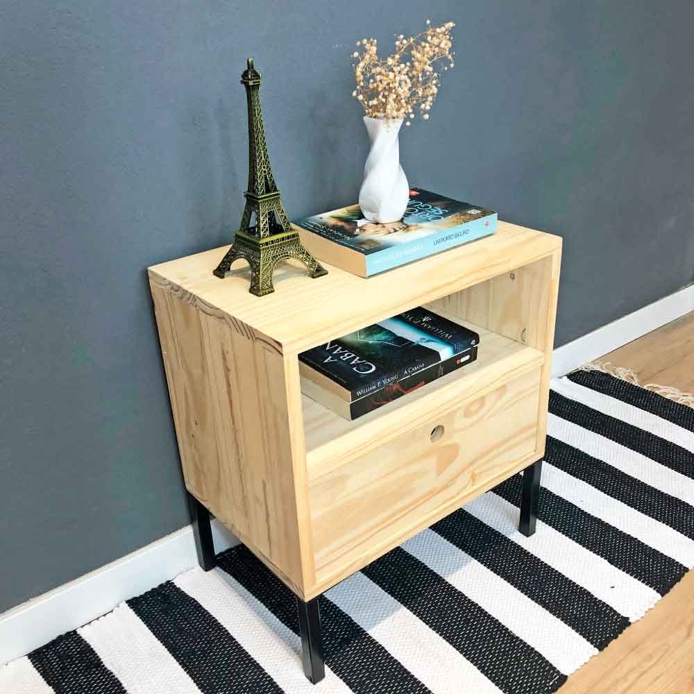 Mesa Lateral Prateleira e Gaveta com pé Style de Ferro e Madeira Industrial Natural e Preto
