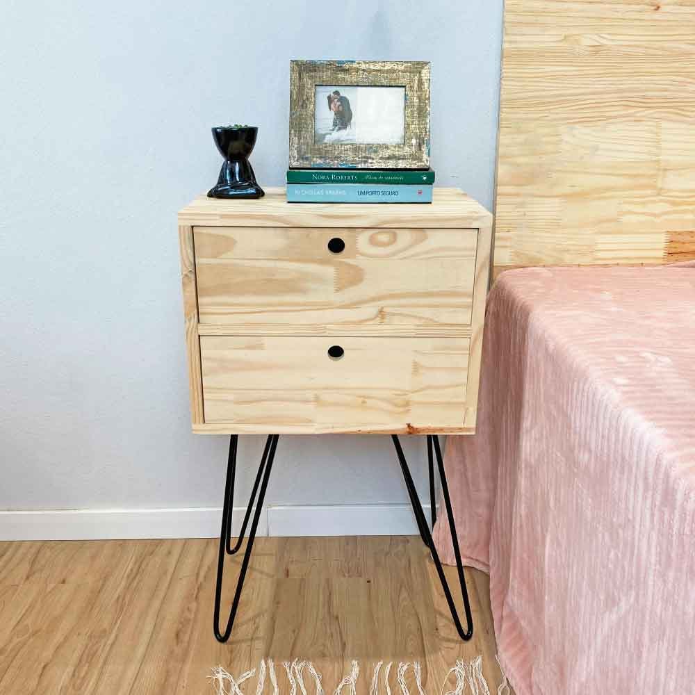 Mesa Lateral de Ferro e Madeira Industrial HairPin  Dual Gaveteiro Natural e Preto