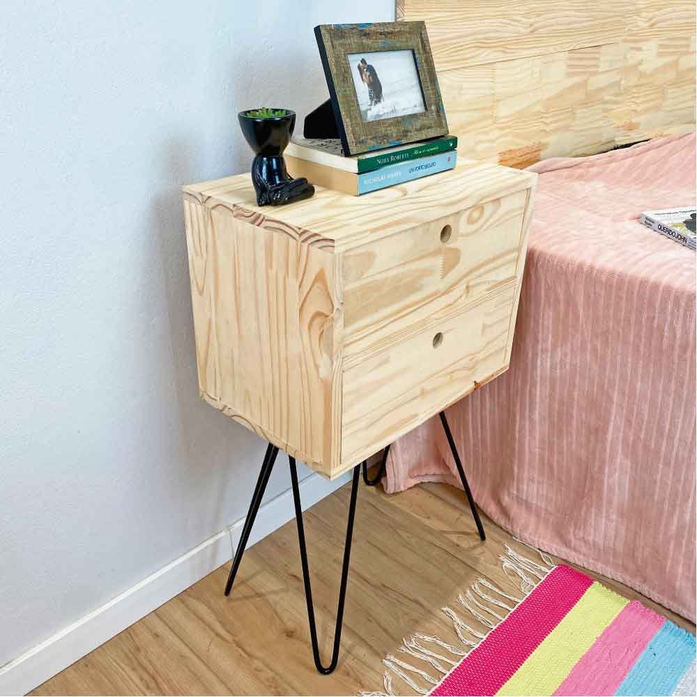 Mesa Lateral de Ferro e Madeira Industrial HairPin  Dual Gaveteiro Natural e Preto