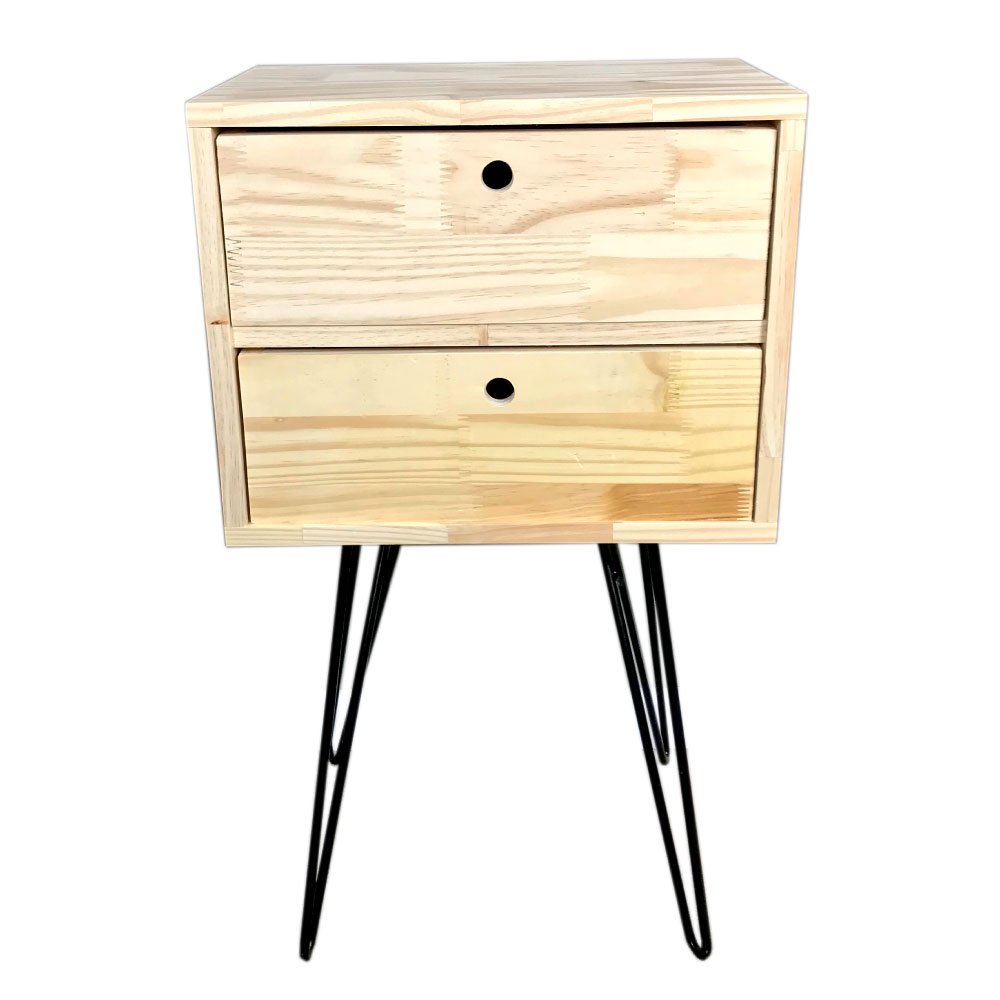 Mesa Lateral de Ferro e Madeira Industrial HairPin  Dual Gaveteiro Natural e Preto