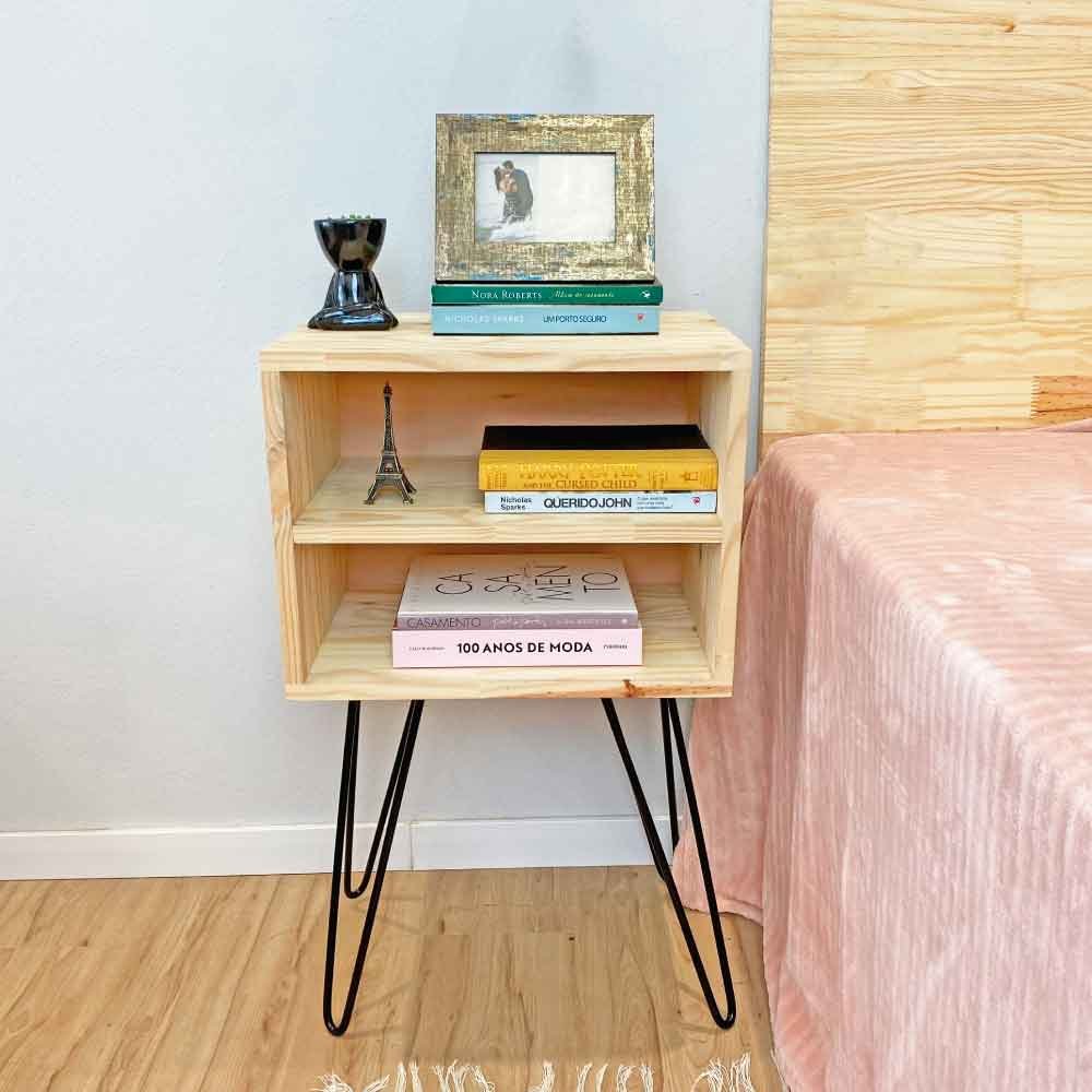 Mesa Lateral de Ferro e Madeira Industrial HairPin  Dual Prateleira Natural e Preto