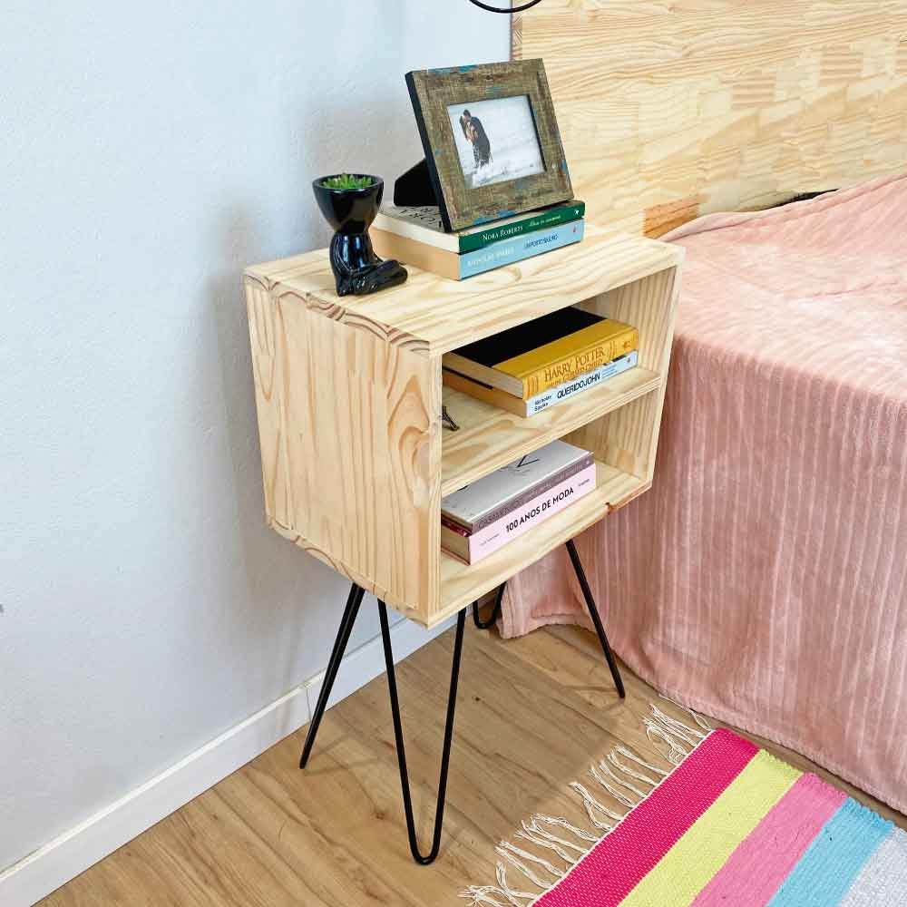 Mesa Lateral de Ferro e Madeira Industrial HairPin  Dual Prateleira Natural e Preto
