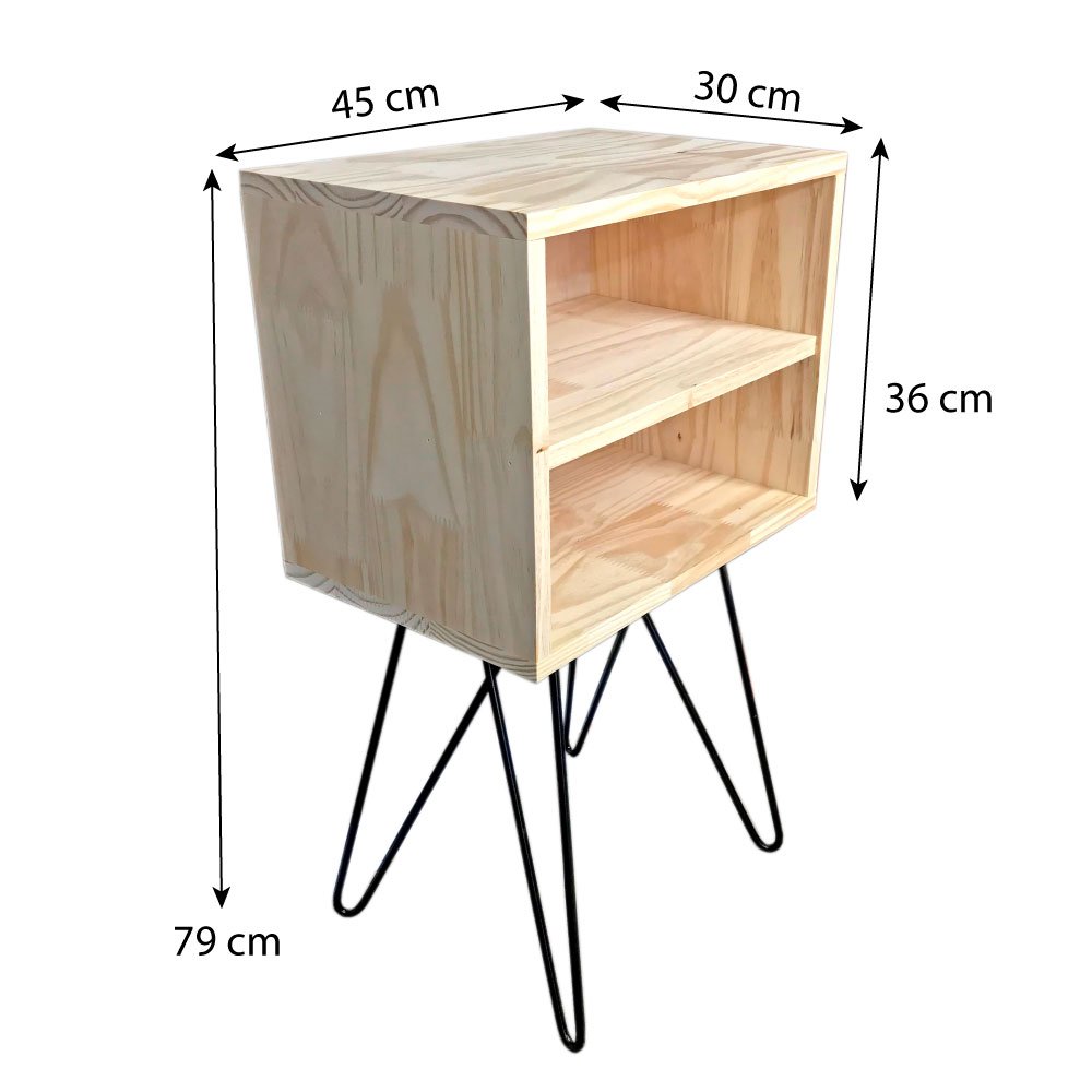 Mesa Lateral de Ferro e Madeira Industrial HairPin  Dual Prateleira Natural e Preto