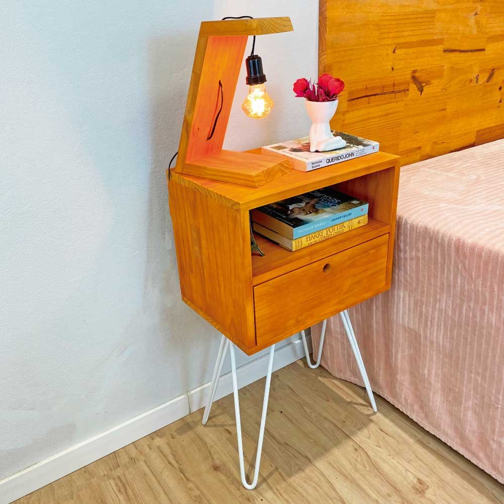 Mesa Lateral de Ferro e Madeira Industrial HairPin  Dual Prateleira e Gaveta Carvalho e Branco