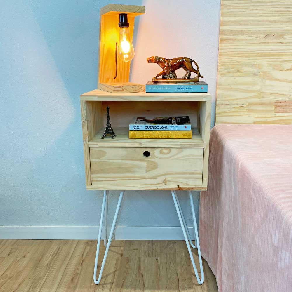 Mesa Lateral de Ferro e Madeira Industrial HairPin  Dual Prateleira e Gaveta Natural e Branco