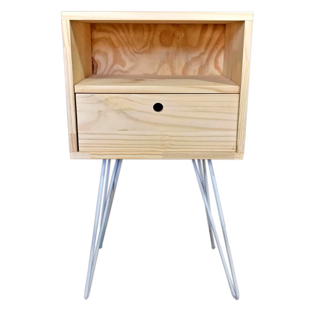Mesa Lateral de Ferro e Madeira Industrial HairPin  Dual Prateleira e Gaveta Natural e Branco