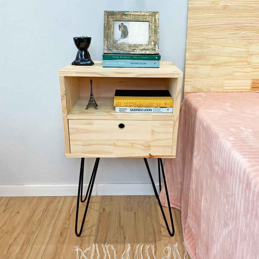 Mesa Lateral de Ferro e Madeira Industrial HairPin  Dual Prateleira e Gaveta Natural e Preto