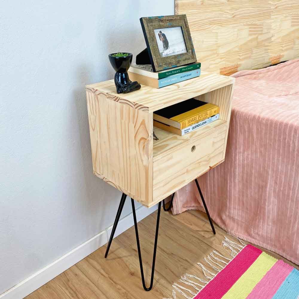 Mesa Lateral de Ferro e Madeira Industrial HairPin  Dual Prateleira e Gaveta Natural e Preto