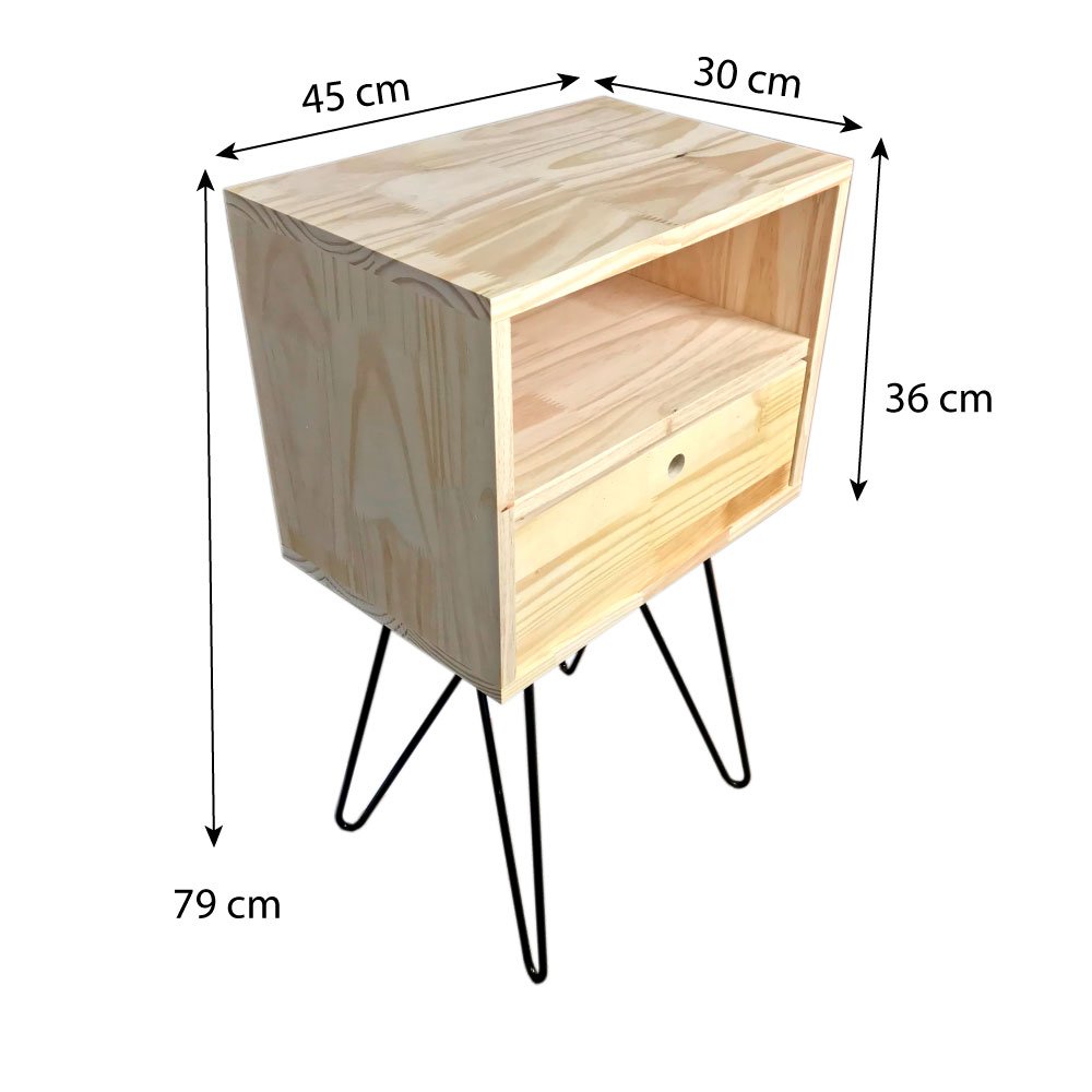 Mesa Lateral de Ferro e Madeira Industrial HairPin  Dual Prateleira e Gaveta Natural e Preto