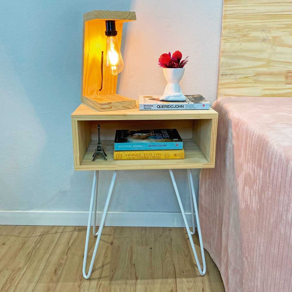 Mesa Lateral de Ferro e Madeira Industrial HairPin  Uno Natural e Branco