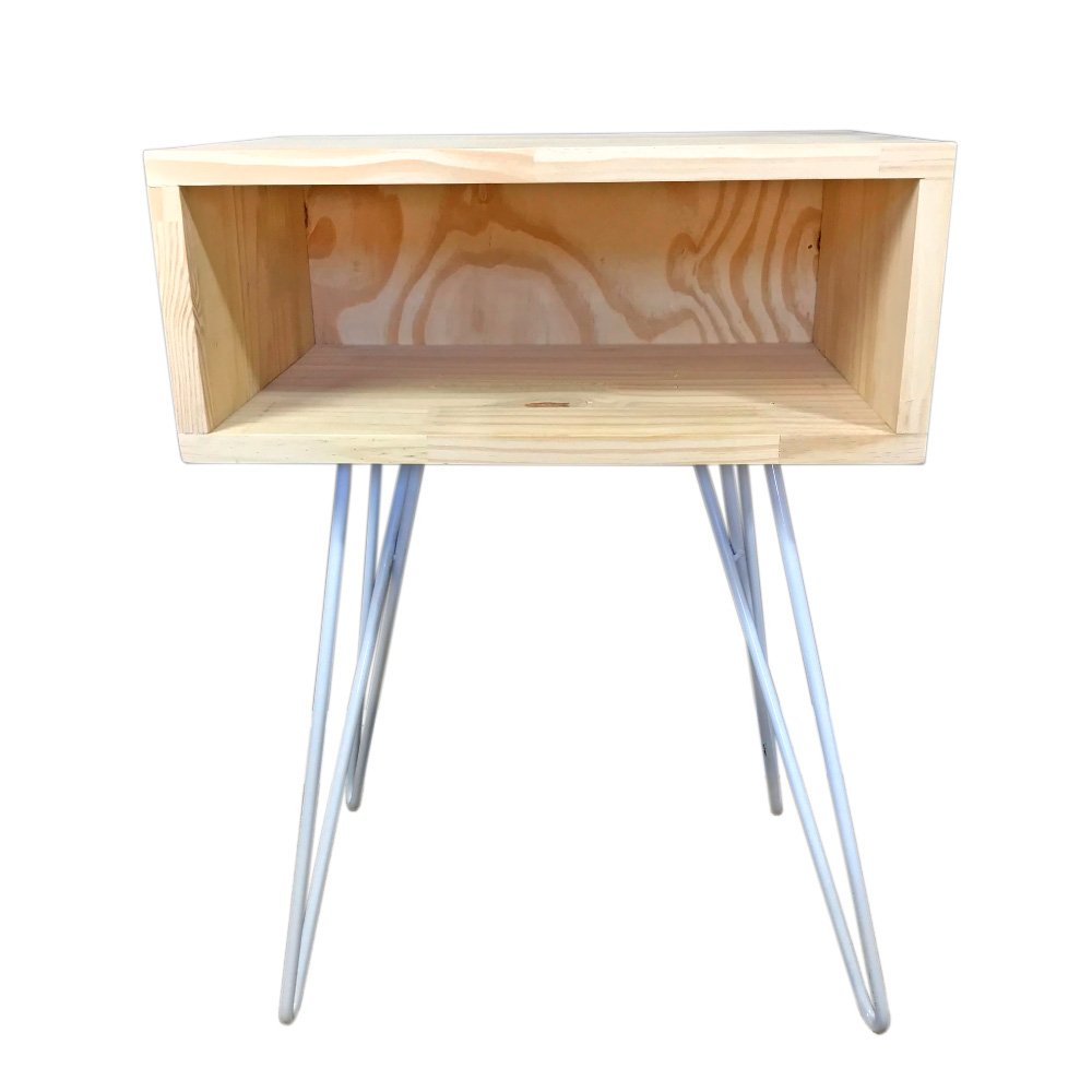 Mesa Lateral de Ferro e Madeira Industrial HairPin  Uno Natural e Branco