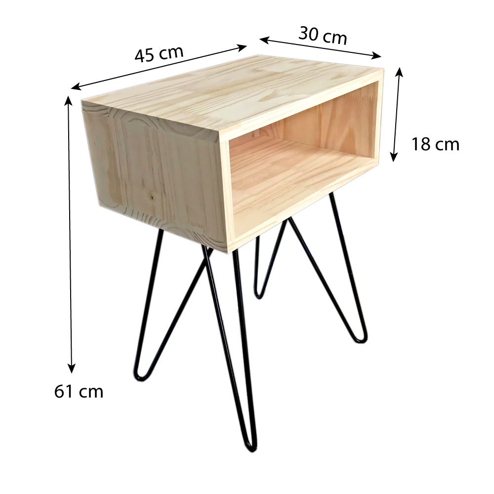 Mesa Lateral de Ferro e Madeira Industrial HairPin  Uno Natural e Preto