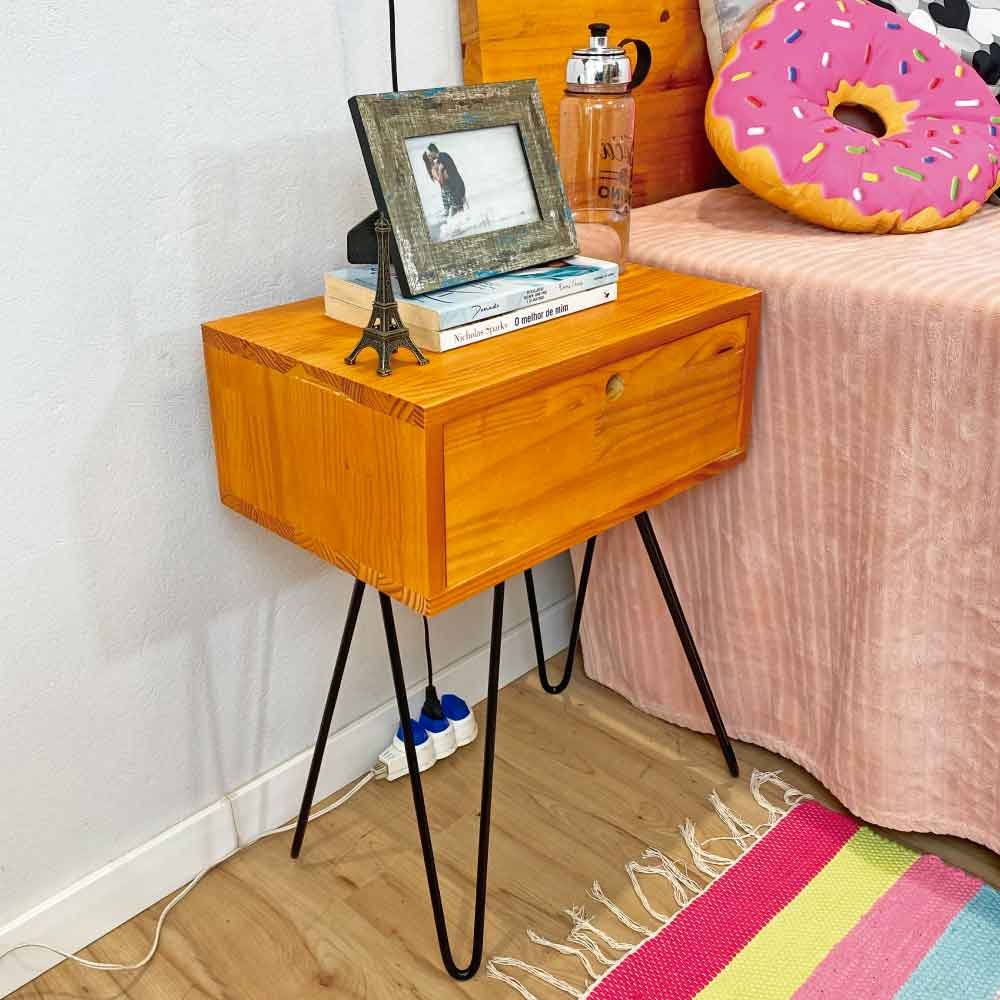 Mesa Lateral de Ferro e Madeira Industrial HairPin  Uno com 1 Gaveta Carvalho e Preto