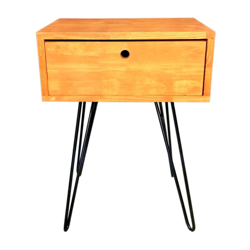 Mesa Lateral de Ferro e Madeira Industrial HairPin  Uno com 1 Gaveta Carvalho e Preto