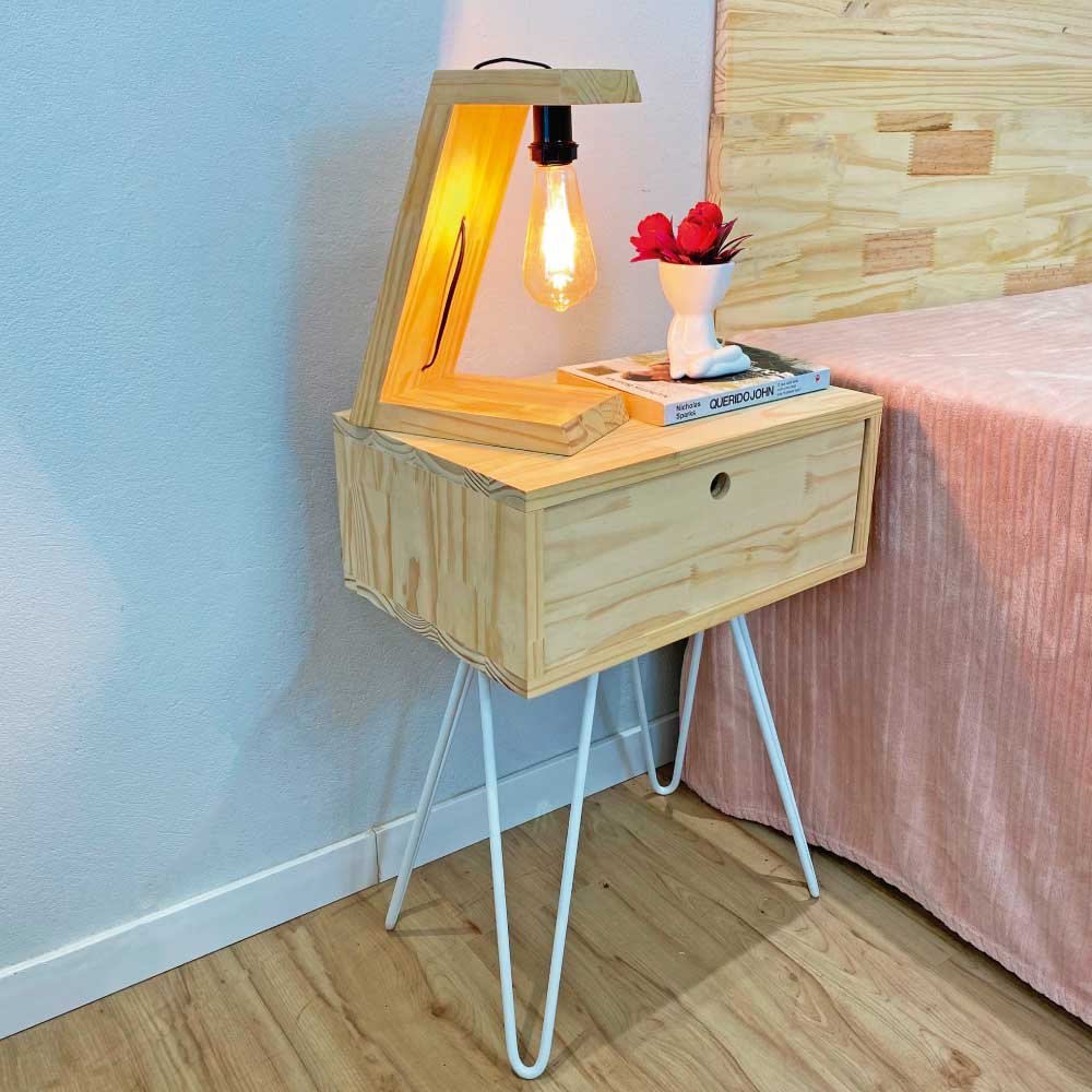 Mesa Lateral de Ferro e Madeira Industrial HairPin  Uno com 1 Gaveta Natural e Branco