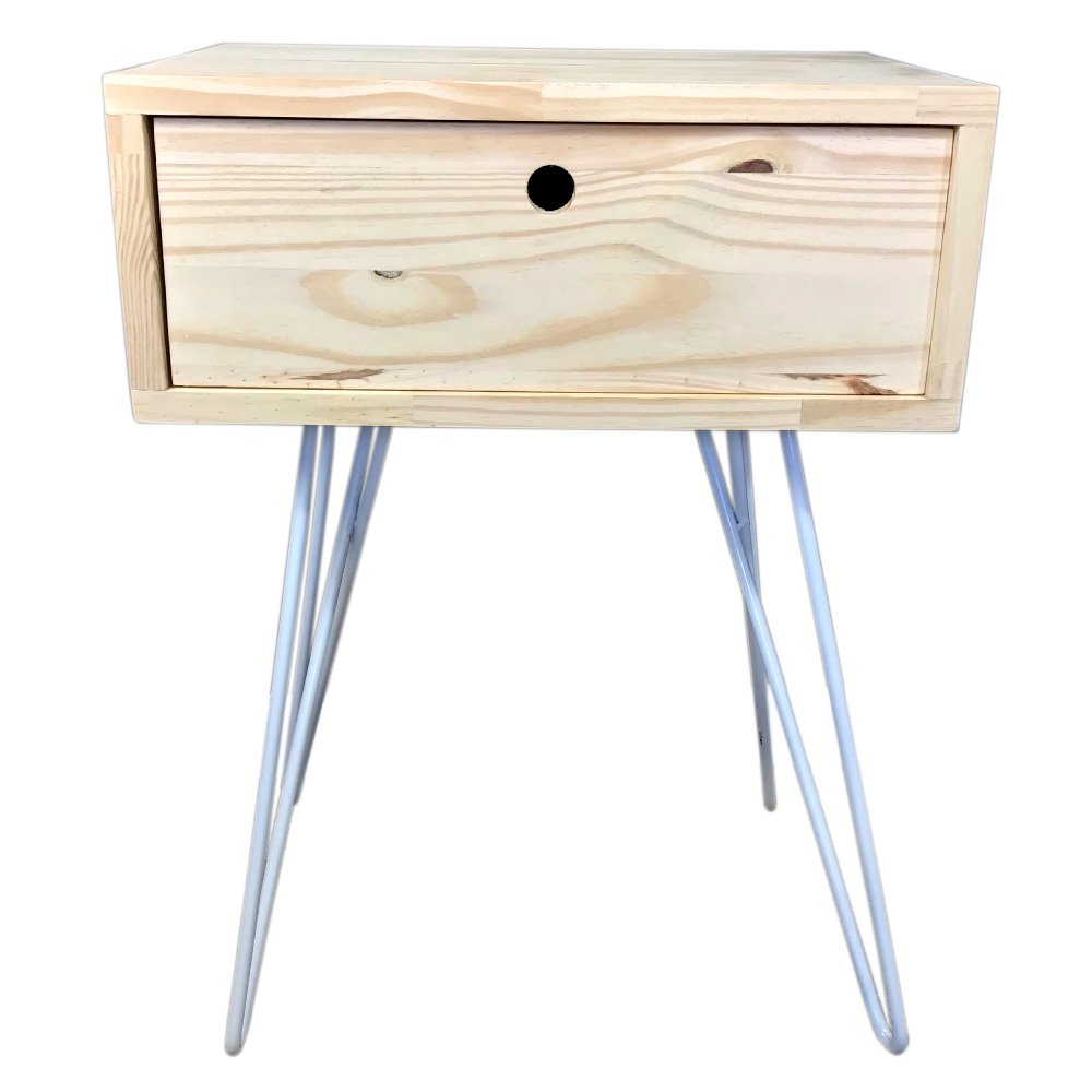 Mesa Lateral de Ferro e Madeira Industrial HairPin  Uno com 1 Gaveta Natural e Branco