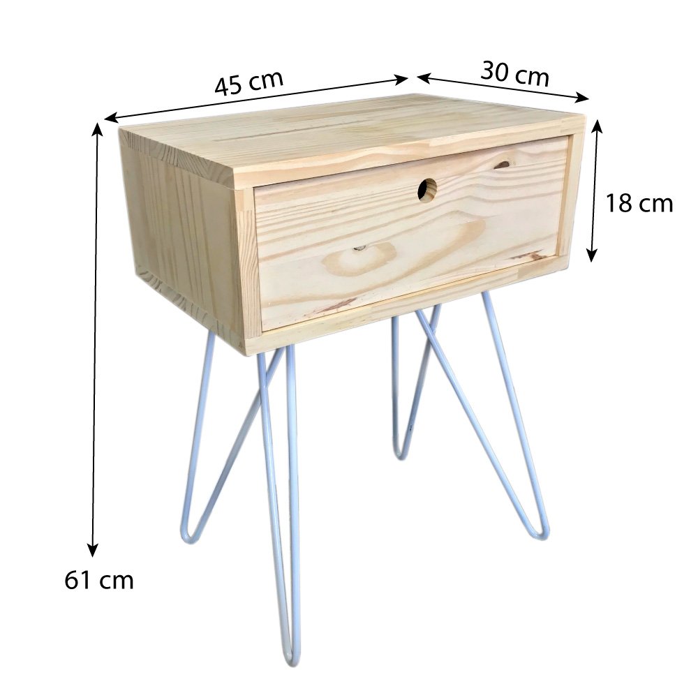 Mesa Lateral de Ferro e Madeira Industrial HairPin  Uno com 1 Gaveta Natural e Branco
