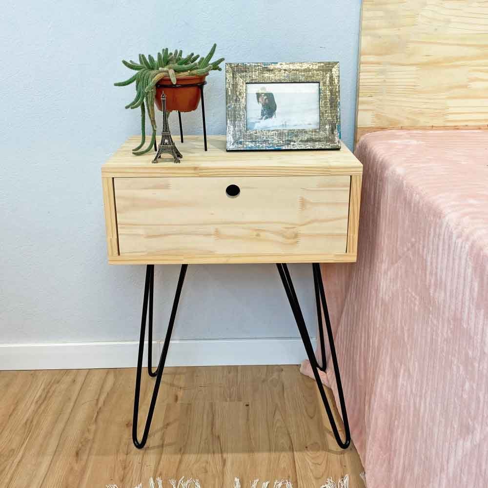 Mesa Lateral de Ferro e Madeira Industrial HairPin  Uno com 1 Gaveta Natural e Preto
