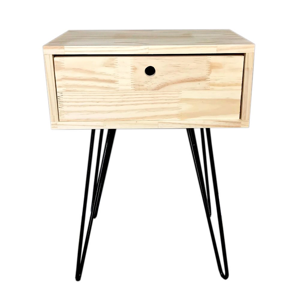 Mesa Lateral de Ferro e Madeira Industrial HairPin  Uno com 1 Gaveta Natural e Preto