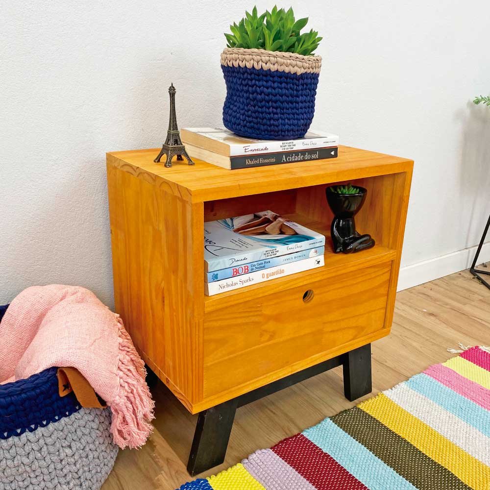 Mesa Lateral de Madeira Woods Dual Prateleira e Gaveta Carvalho e Preto