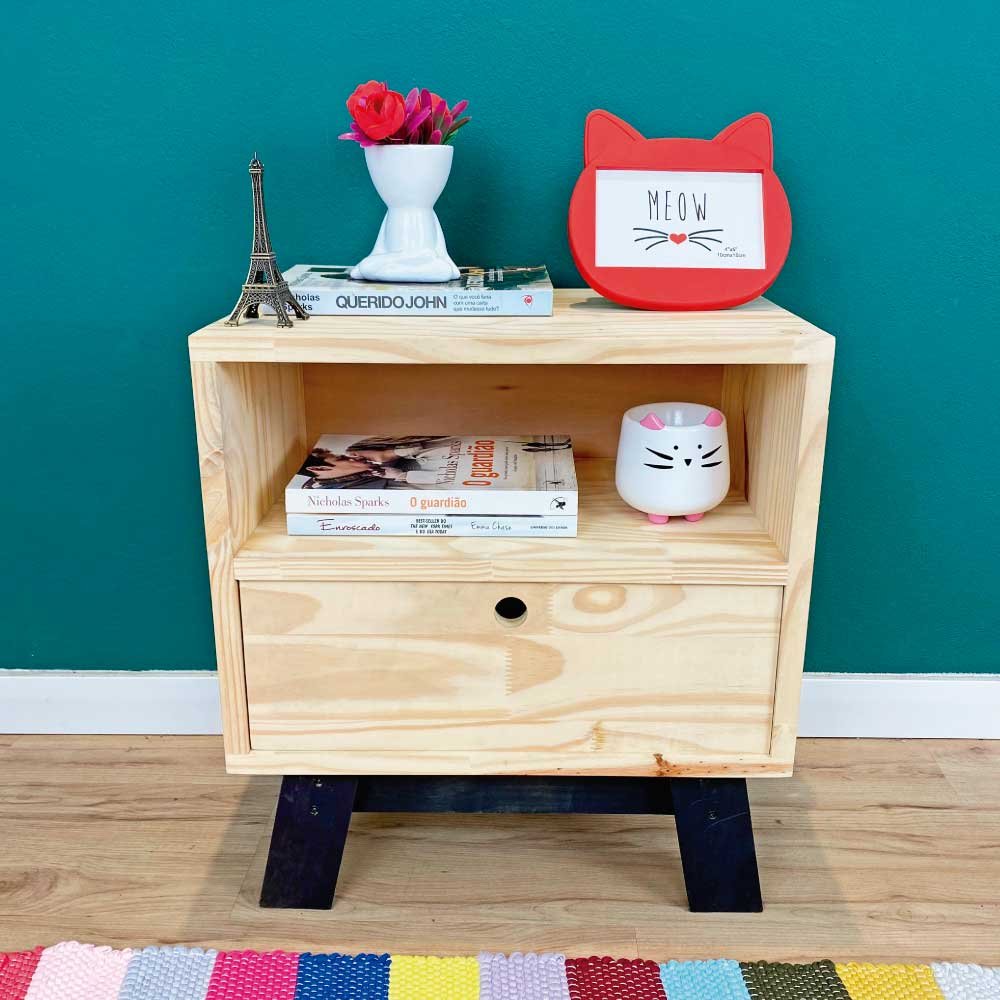 Mesa Lateral de Madeira Woods Dual Prateleira e Gaveta Natural e Preto