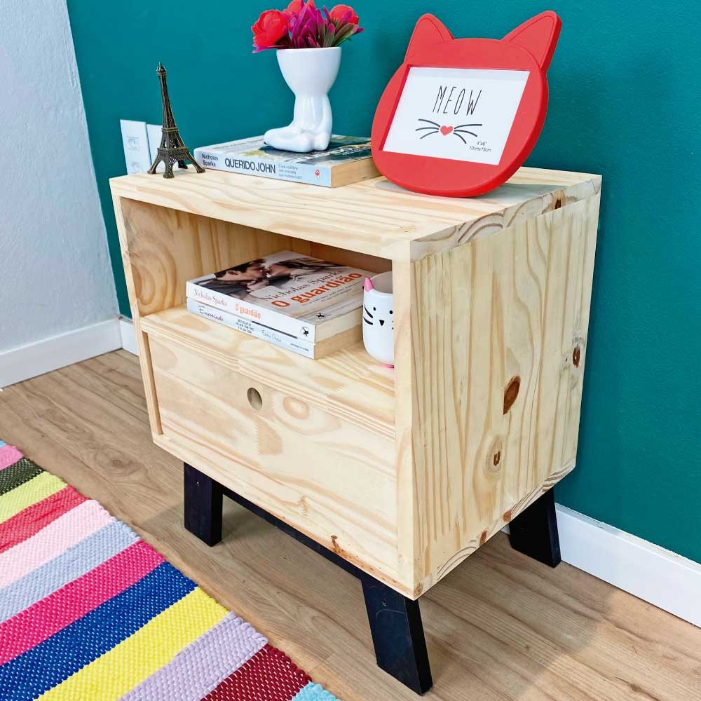 Mesa Lateral de Madeira Woods Dual Prateleira e Gaveta Natural e Preto